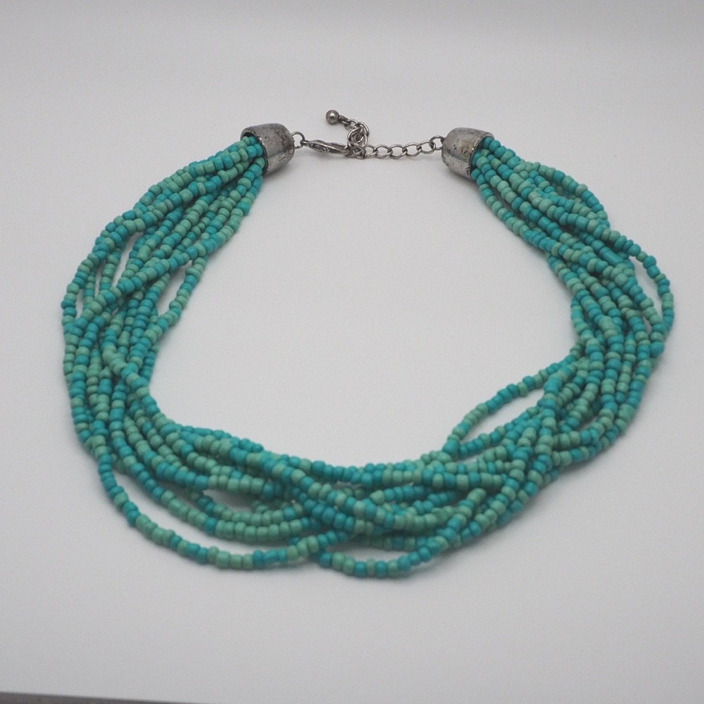 Vintage Necklace Blue Multi Strand Seed Bead Southwest Torsade Boho Silver Tone
